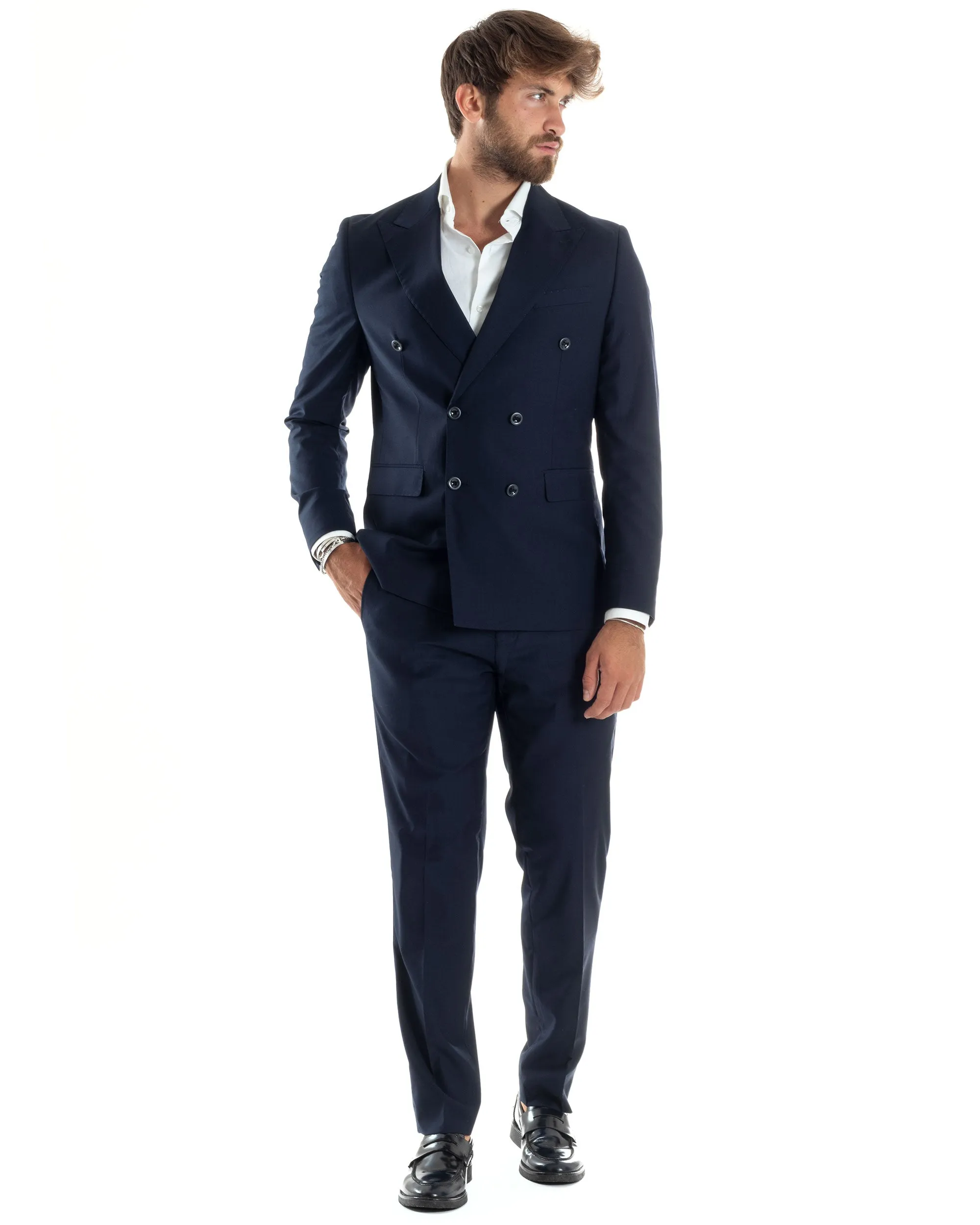 Abito Uomo Doppiopetto Vestito Completo Giacca Pantaloni Elegante Sartoriale Casual Tinta Unita Blu GIOSAL-AE1064A