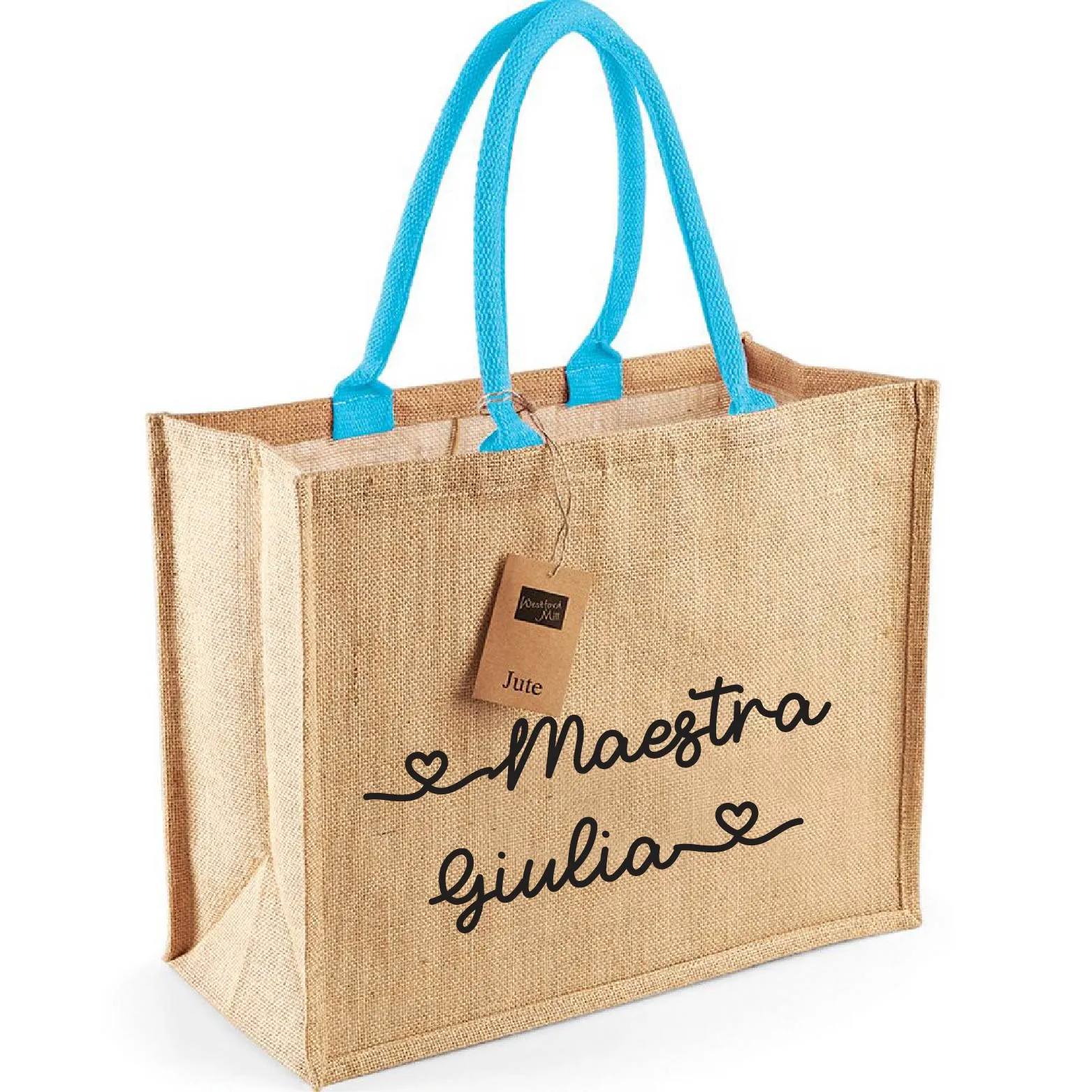 Borsa in Juta Manico Azzurro personalizzabile Regalo maestre fine anno