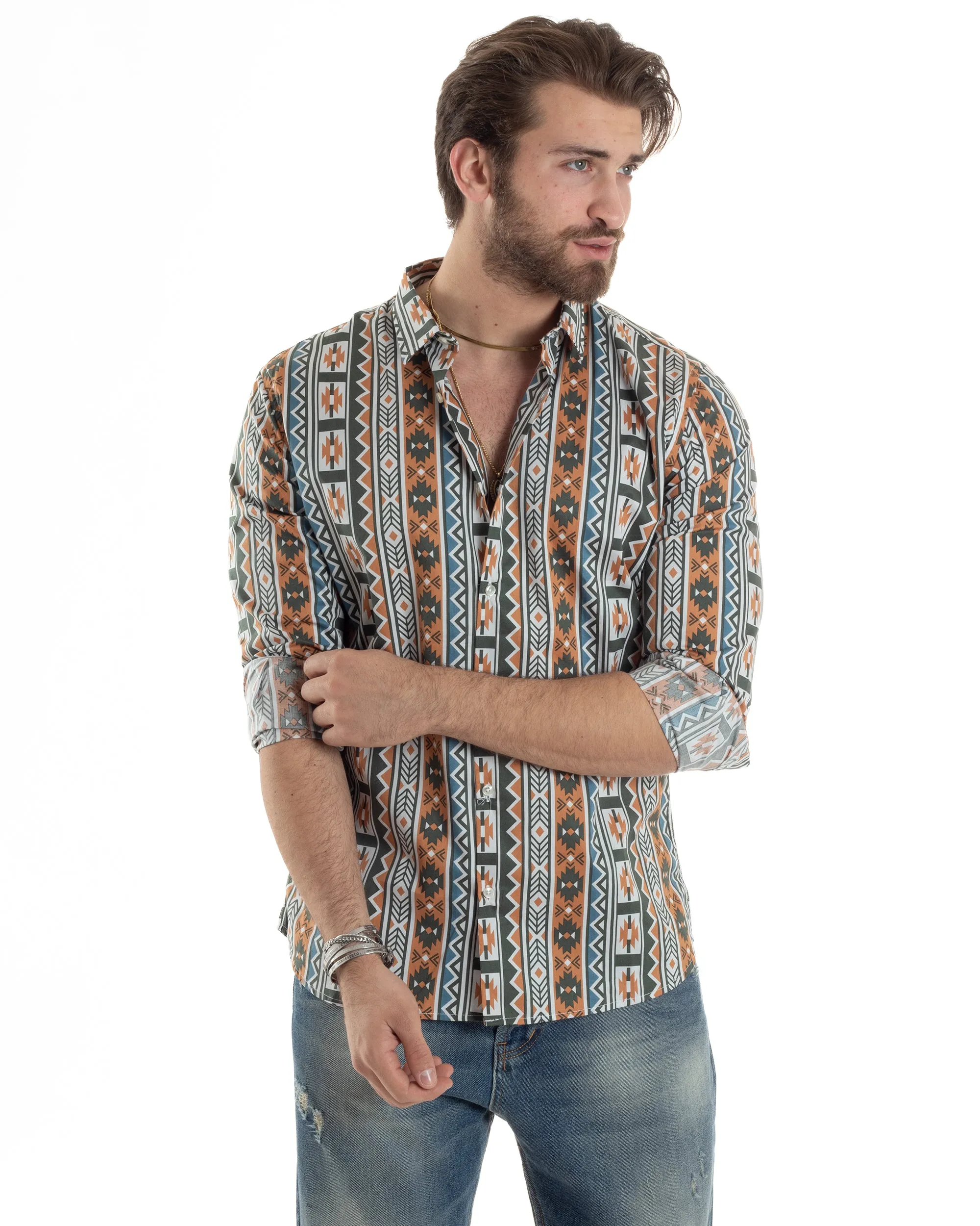 Camicia Uomo Con Colletto Manica Lunga Regular Fit Multicolore Fantasia Etnica GIOSAL-C2859A