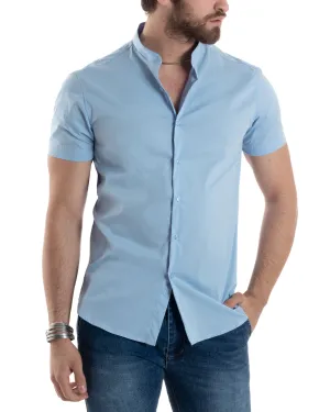 Camicia Uomo Maniche Corte Con Collo Alla Coreana Colletto A Pistagna Slim Fit Cotone Elastico Basic Tinta Unita Celeste GIOSAL-CC1204A