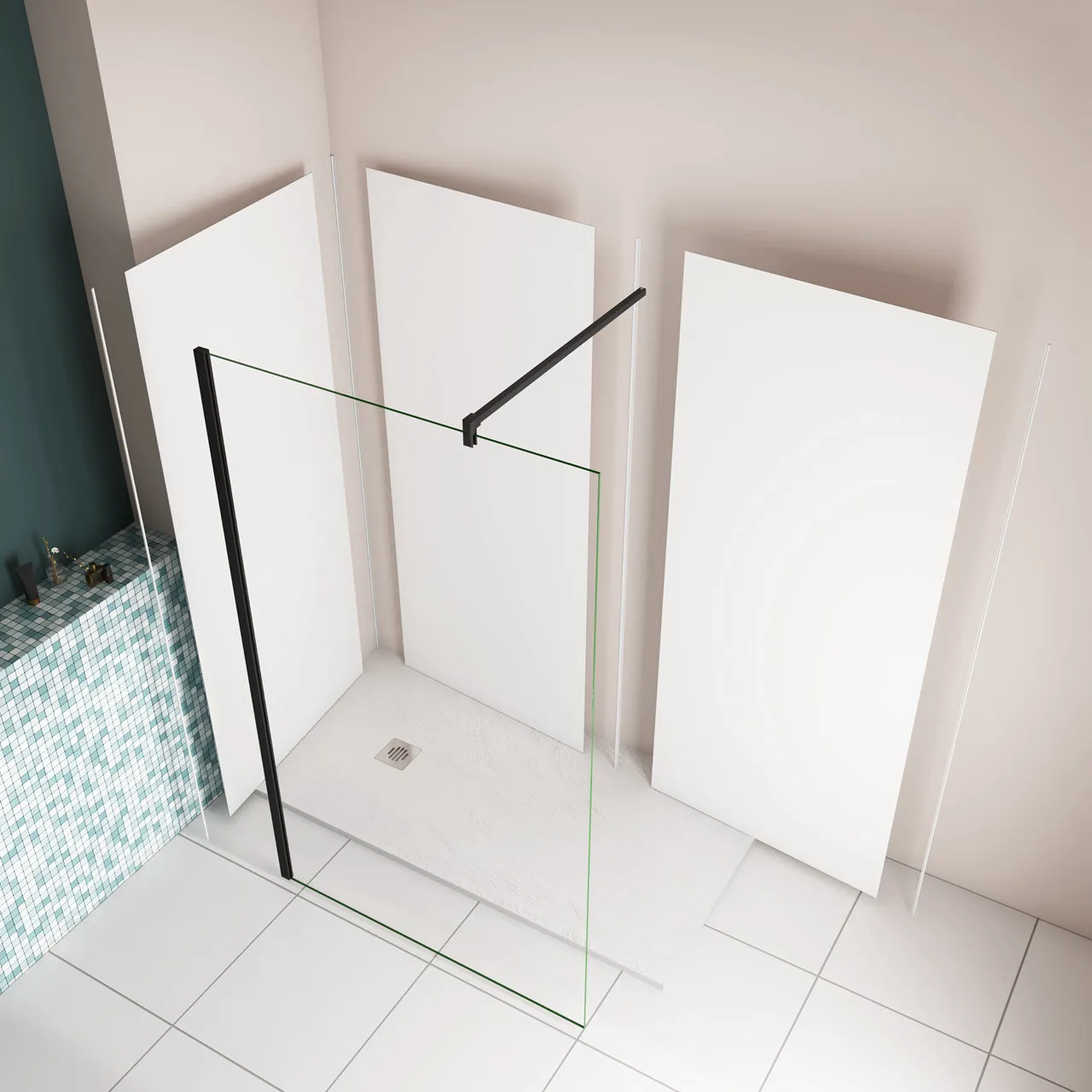 H.210cm Pannello Doccia ad Angolo Realizzato in Alluminio da 3mm con Profili Finitura Bianco Opaco per Rivestimento Parete Bagno