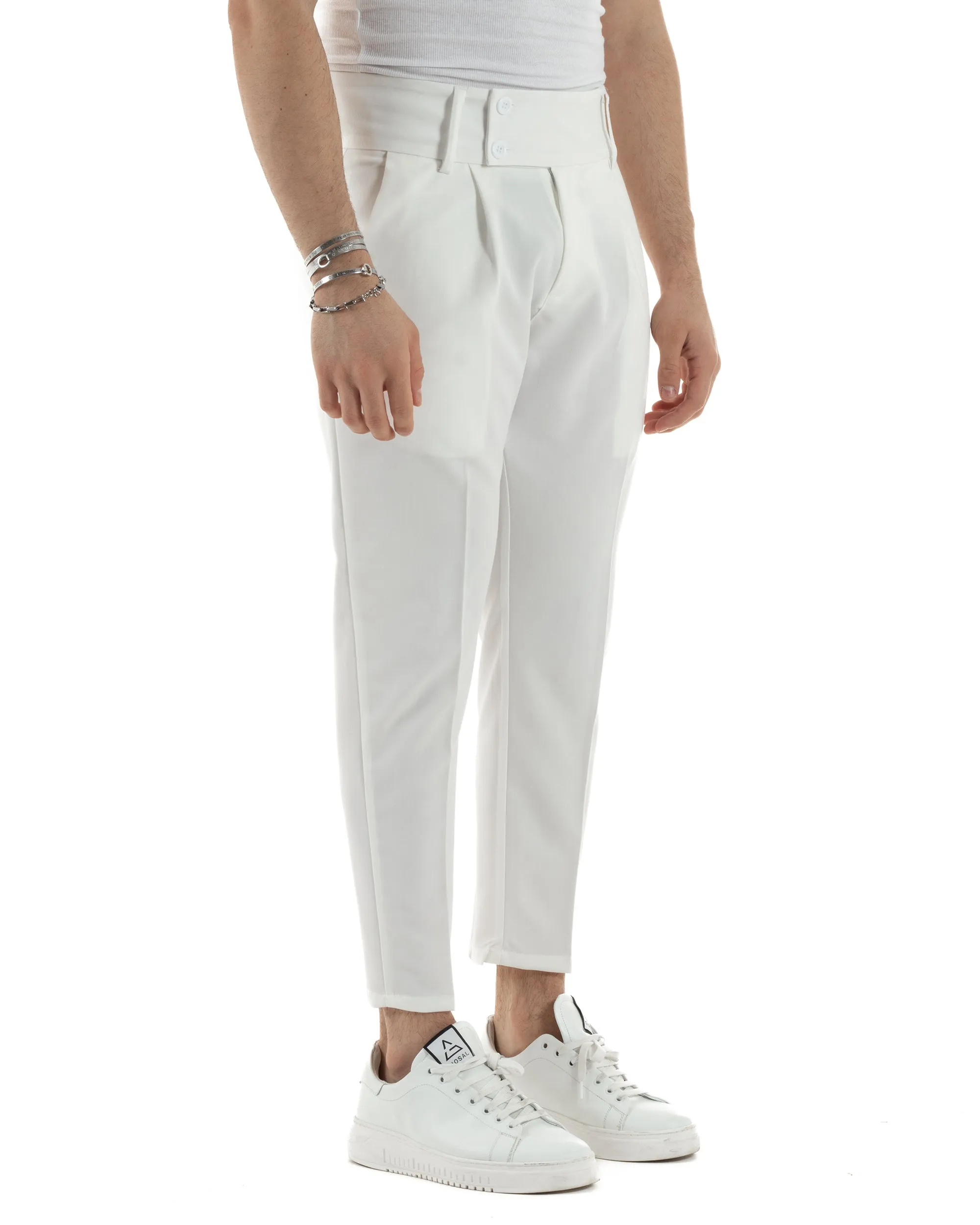 Pantaloni Uomo Viscosa Tasca America Vita Alta Classico Pinces Abbottonatura Allungata Casual Bianco GIOSAL-P6047A