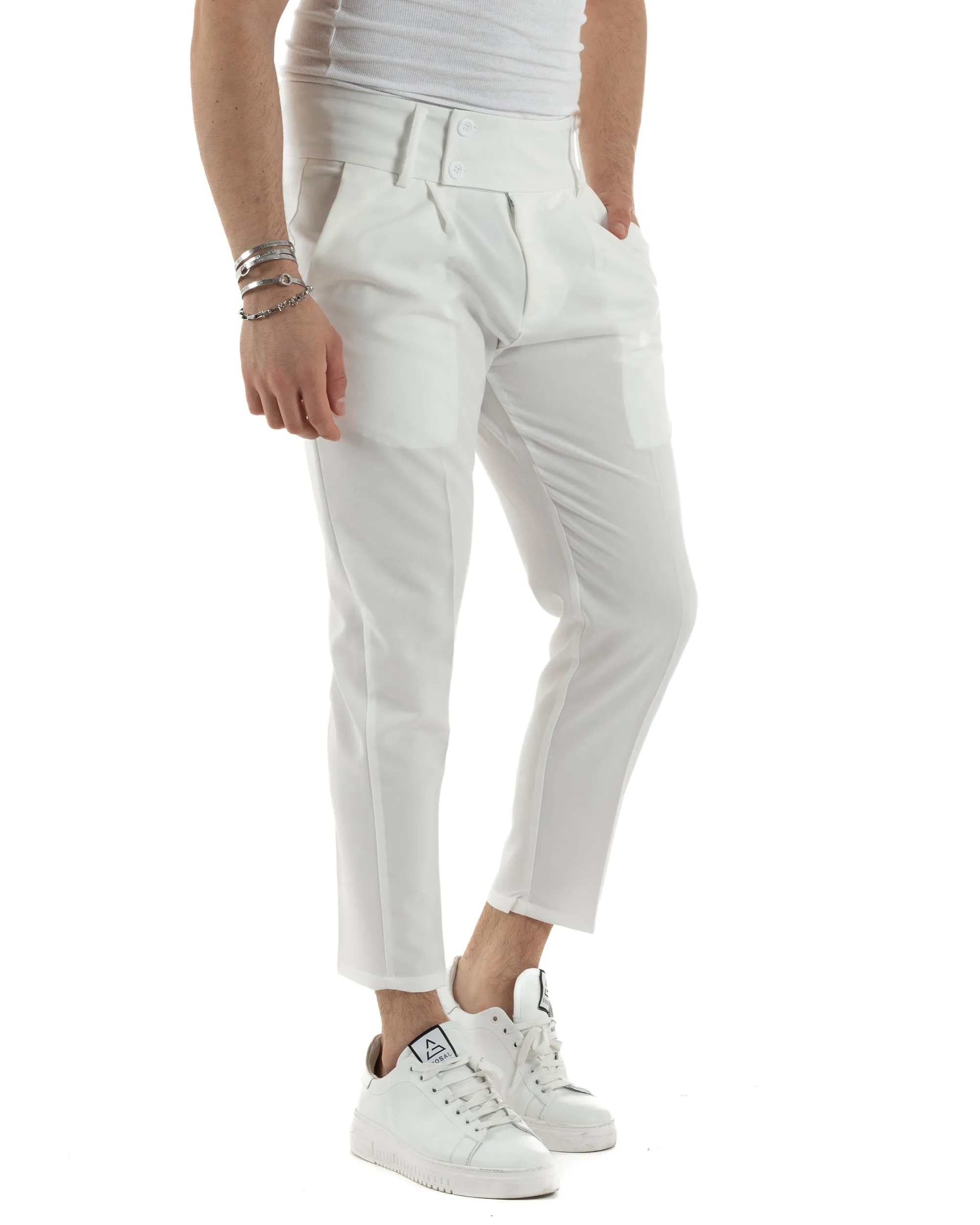 Pantaloni Uomo Viscosa Tasca America Vita Alta Classico Pinces Abbottonatura Allungata Casual Bianco GIOSAL-P6047A