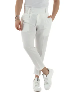 Pantaloni Uomo Viscosa Tasca America Vita Alta Classico Pinces Abbottonatura Allungata Casual Bianco GIOSAL-P6047A