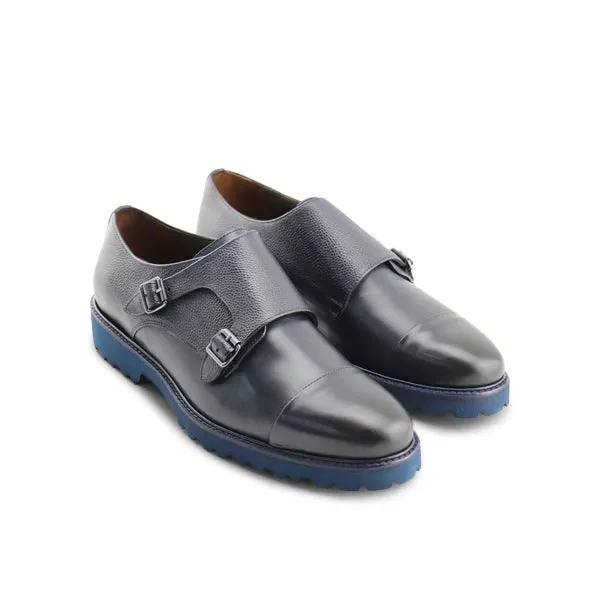 Scarpe doppia fibbia in pelle blu con suola in vibram